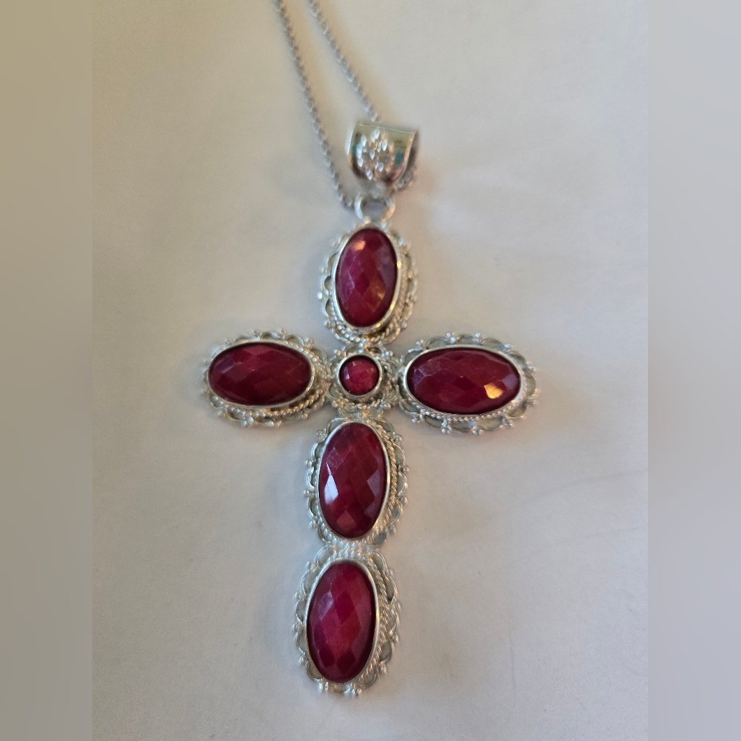 925 Sterling Silver Ruby Red Cross Pendant Necklace | Thailand Silver Statement